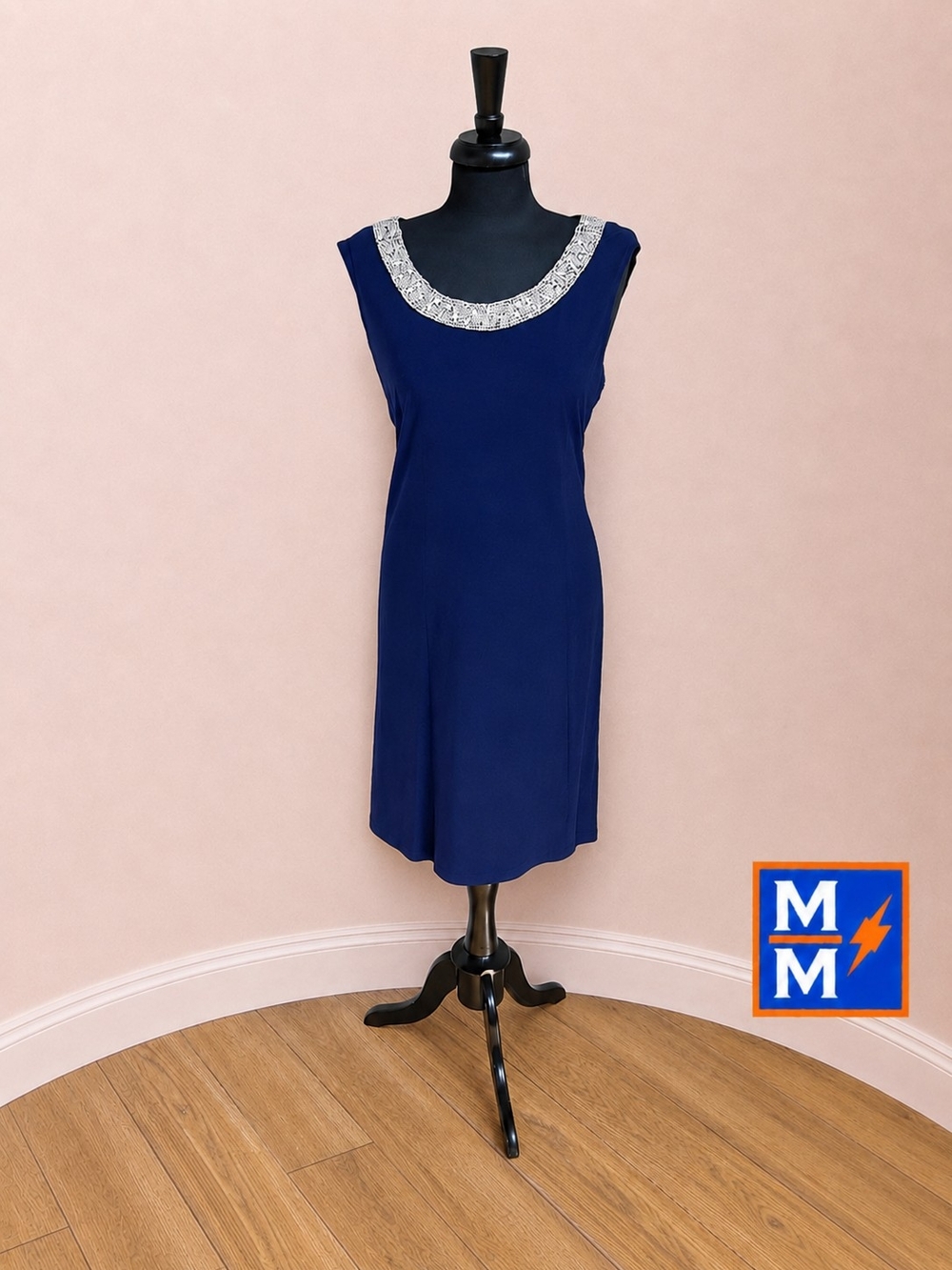R&M Richards Navy Beaded Dress Size 16 Elegant Cocktail Party